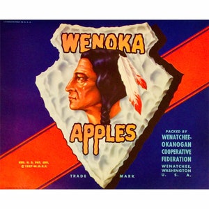 Vintage Crate Label for Wenoka Apples from Wenatchee, Washington made in USA circa 1940s