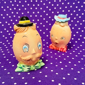 PY Miyao Anthropomorphic Egghead Couple with Rhinestone Eyes Salt and Pepper Shakers made in Japan circa 1950s