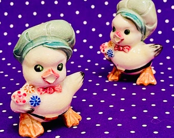 Anthropomorphic Yellow Chicks wearing Hats and Carrying Flower Bouquets Salt and Pepper Shakers from Japan Circa 1950s