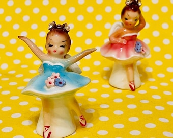 PY Miyao Lefton Pink and Blue Dancing Ballerina Girls Salt and Pepper Shakers made in Japan circa 1950s