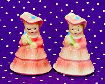 Coronet PY Miyao Southern Belle Ladies in Pink Dresses with Hats Salt and Pepper Shakers made in Japan circa 1950s