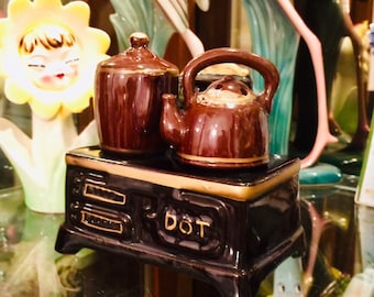 Redware Brown Stove Oven with Tea Kettle and Coffee Pot Salt and Pepper Shakers made in Japan circa 1950s