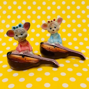 PY Miyao Anthropomorphic Girl Mice with Bows and Mandolins Salt and Pepper Shakers made in Japan circa 1950s