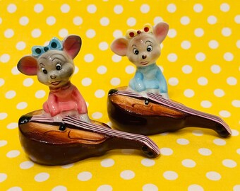 PY Miyao Anthropomorphic Girl Mice with Bows and Mandolins Salt and Pepper Shakers made in Japan circa 1950s