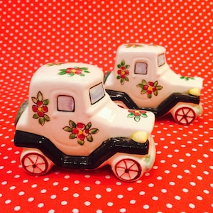 PY White Cars with Flowers Salt and Pepper Shakers made in Japan circa 1950s