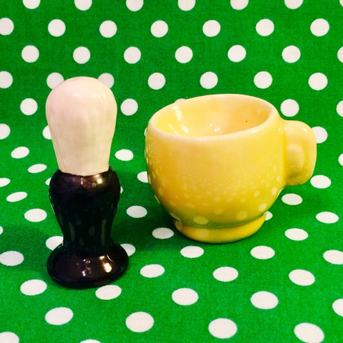 Trevewood Pottery Shaving Cream Brush and Bowl Salt and Pepper Shakers made in Roseville, Ohio circa 1940s