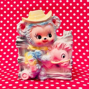 Relpo Anthropomorphic Blue Kitty Kitten holding a Doll Planter made in Japan circa 1960s