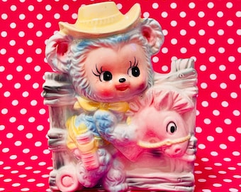 Relpo Anthropomorphic Blue Kitty Kitten holding a Doll Planter made in Japan circa 1960s