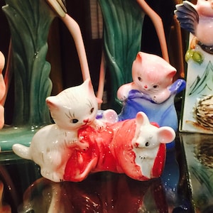 PY Miyao Anthropomorphic Kittens and Mice in Boots Salt and Pepper Shakers  made in Japan circa 1950s
