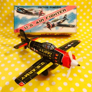 KA Japan US Air Fighter Plane Friction Tin Toy with Original Box made in Japan circa 1950s