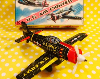 KA Japan US Air Fighter Plane Friction Tin Toy with Original Box made in Japan circa 1950s
