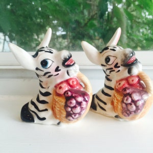 PY Miyao Anthropomorphic Zebras with Fruit Baskets Salt and Pepper Shakers made in Japan circa 1950s