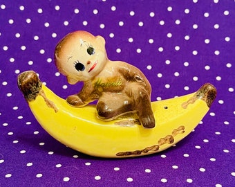 Anthropomorphic Baby Monkey and Banana Stacker Salt and Pepper Shakers made in Japan circa 1950s