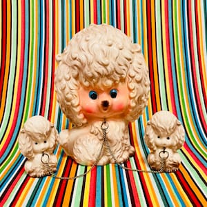 Anthropomorphic White Poodle Dog with 2 Puppies Figurines attached made in Japan circa 1960s