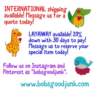 May include: A white background with cartoon illustrations of a giraffe, crocodile, and whale, each holding a heart. Text includes "INTERNATIONAL shipping available!" and "LAYAWAY available!" with a website address and social media handles.