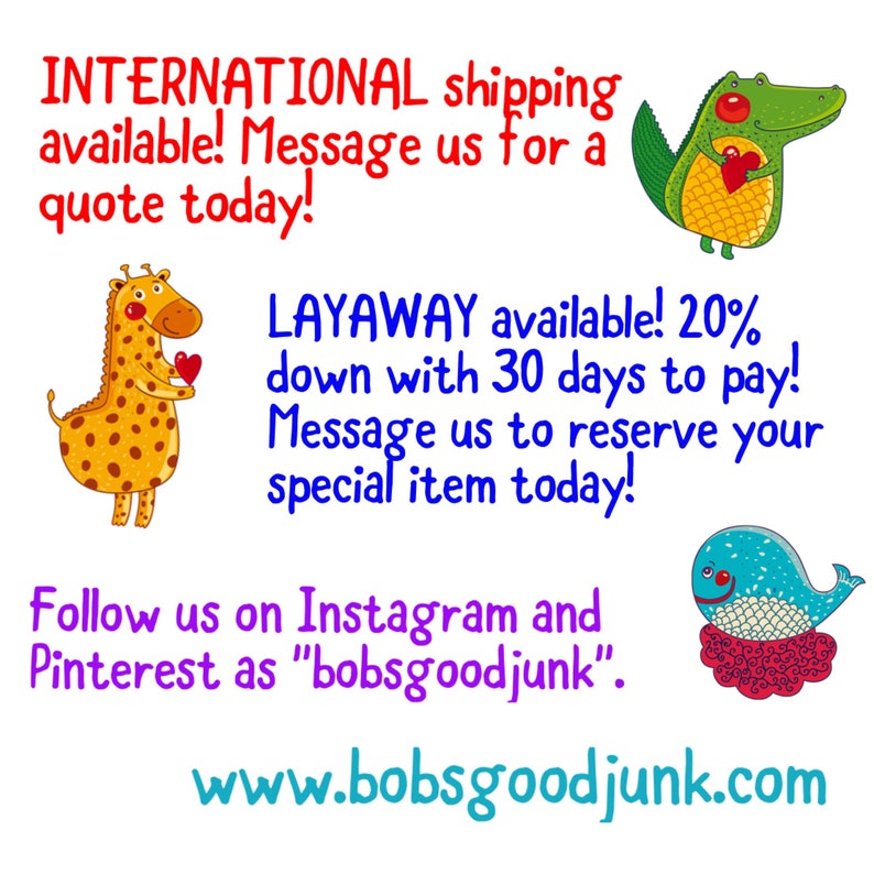 May include: A white background with cartoon illustrations of a giraffe, crocodile, and whale, each holding a heart. Text includes "INTERNATIONAL shipping available!" and "LAYAWAY available!" with a website address and social media handles.