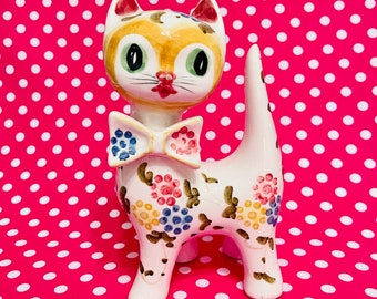 Anthropomorphic Kitty Cat Figurine with Flowers and Bow made in Italy circa 1950s