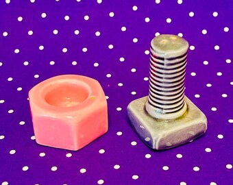 Trevewood Pottery Bolt and Nut Salt and Pepper Shakers made in Roseville, Ohio circa 1940s