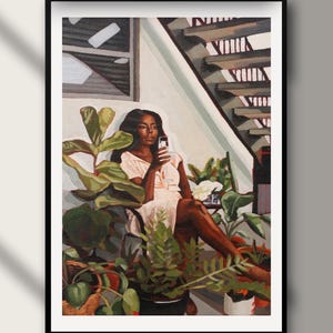 May include: A painting of a woman sitting on a chair in a room with a staircase. She is wearing a light pink dress and looking at her phone. There are plants in the room.
