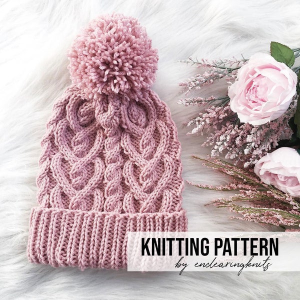Cable Hat Pattern - Heart Cables Knitting Tuque Pattern - Knit Pink Love Hat - Beginner and Advanced Knitting Patterns - How to Cable Hat