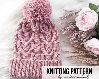 Cable Hat Pattern - Heart Cables Knitting Tuque Pattern - Knit Pink Love Hat - Beginner and Advanced Knitting Patterns - How to Cable Hat