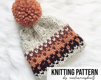 Patrón de gorro de punto Tuque de ala doble de punto Fair Isle - Patrón de gorro de gorro holgado rojo anaranjado