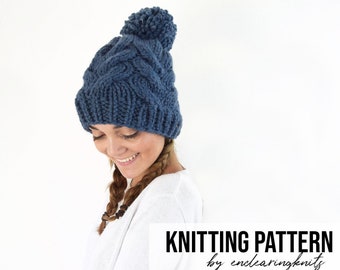 Hat Pattern Cable Knitting - Chunky Knit Cabled Pom-Pom Hat PATTERN - EASY Pom Pattern
