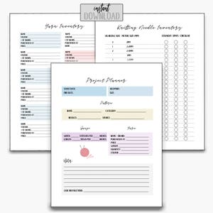May include: Printable planner for knitting projects. The planner includes sections for yarn inventory, knitting needle inventory, project planning, gauge, yarn details, notes, and care instructions. The planner has a light blue, pink, and yellow colour scheme.