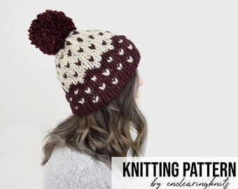 Knit Hat Pattern Knitted Fair Isle Double Brim Tuque - Beige Red Slouchy Beanie Hat Pattern