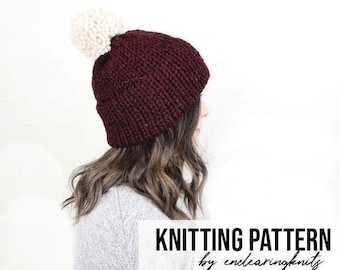 Knitting Hat Pattern Knit Double Brim Tuque - Red Slouchy Beanie PomPom Tutorial