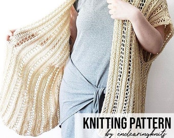 Knit Cardigan Pattern - Knitting Lace Shawl - Summer Knitwear Tutorial - Worsted Yarn Long Cardi - Beginner Knitting Pattern