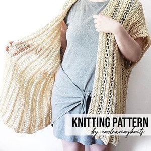 May include: A knitting pattern for a beige crochet cardigan with a simple stitch pattern. The pattern is titled "Knitting Pattern by endearingknits".