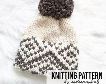 Knit Hat Pattern Knitted Fair Isle Double Brim Tuque - Brown White Slouchy Beanie Pom Hat Pattern