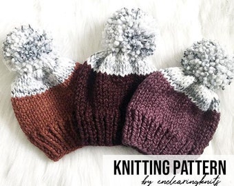 Hat Pattern Knitting - Chunky Knit Pom-Pom Marble Hat PATTERN - EASY Two Color Pom Pattern