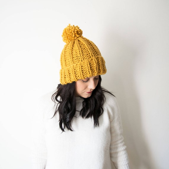 Hat Pattern Knitting - Chunky Rib Knit Pom-pom Mustard 