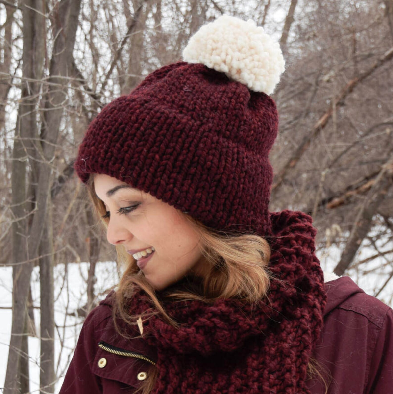 Knitting Hat Pattern Knit Double Brim Tuque Red Slouchy Etsy