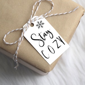 May include: A white gift tag with black text that reads "Stay Cozy" and a snowflake graphic. The tag is tied to a brown paper package with twine.