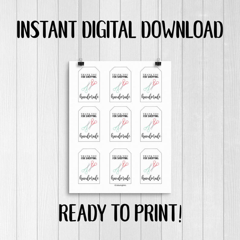 May include: Printable thank you tags with a pair of scissors and the text "Thank you for shopping handmade".