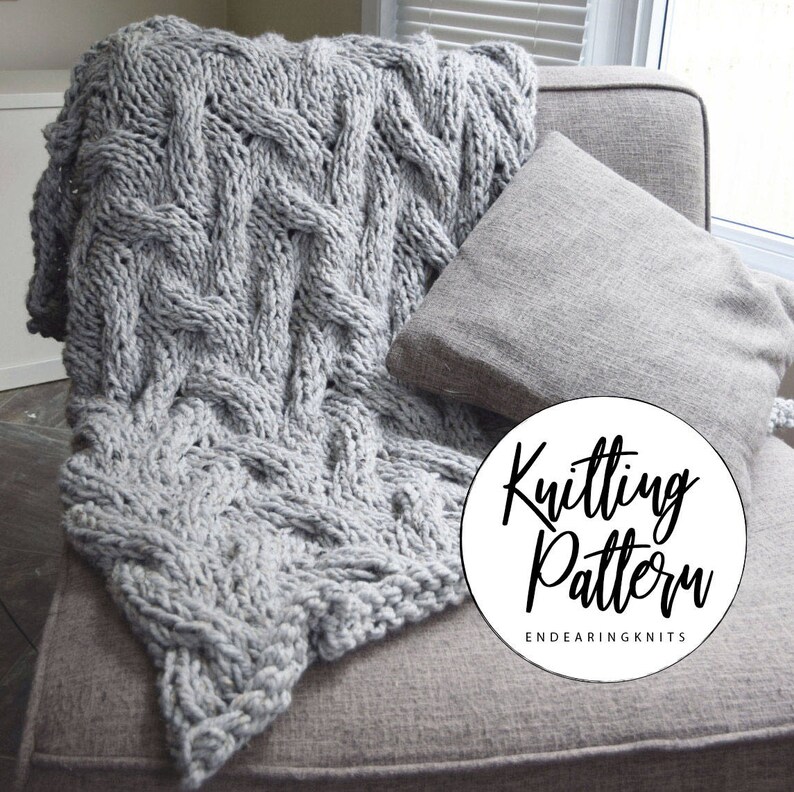 Chunky Blanket Cable Pattern Knitting Throw Pattern Tricot extrême Couverture grise en tricot Modèle de tricot intermédiaire image 2