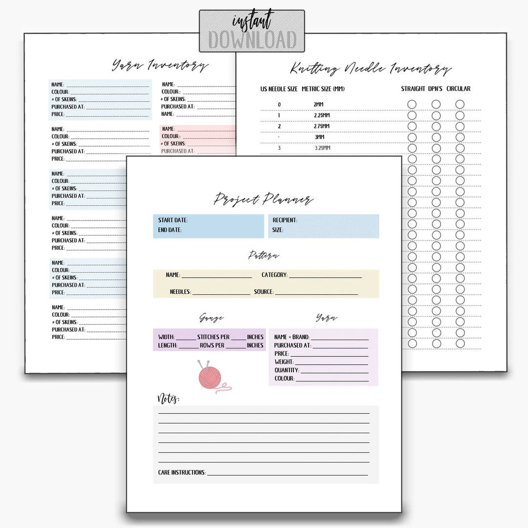 Printable Project Planner - 3 Pages - Knitting Needle + Yarn Inventory ...