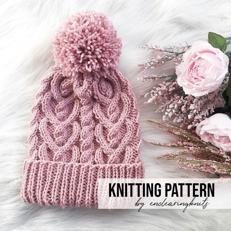 Cable Hat Pattern Heart Cables Knitting Tuque Pattern Knit Pink Love Hat Beginner and Advanced Knitting Patterns How to Cable Hat image 1