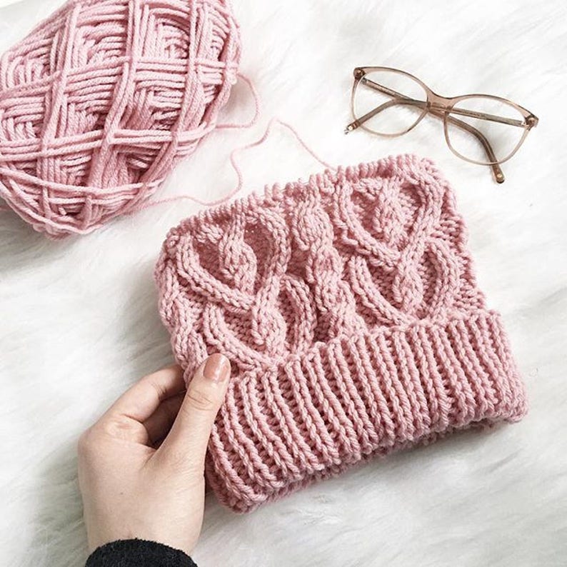 Cable Hat Pattern Heart Cables Knitting Tuque Pattern Knit Pink Love Hat Beginner and Advanced Knitting Patterns How to Cable Hat image 2