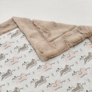 Minky and Flannel Tan/Pink Horse Blanket or Throw