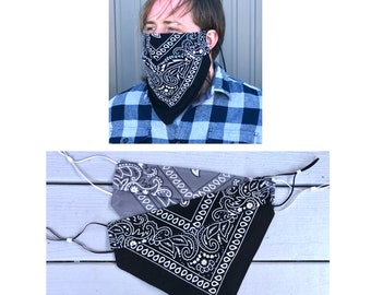 Xtra Large 4-Layer Bandana Mask with adjustable ear loops & nose wire, fits 14” to 22” ear to ear, 100% cotton, reversible XL
