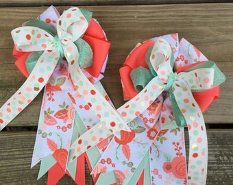 Coral Floral Equestrian Hair Bow/Show Bow Set