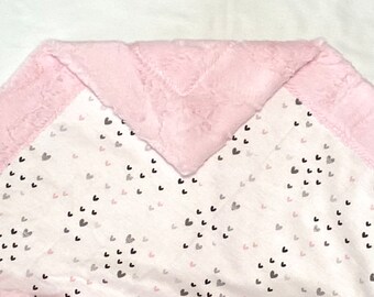 Pink/Grey Hearts Flannel and Minky Blanket