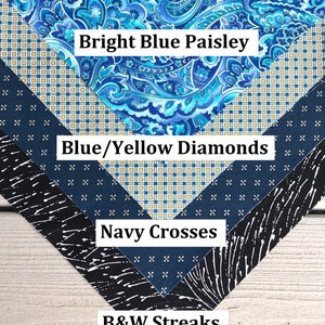 Pu&ograve; includere: Quattro campioni di tessuto disposti a forma di triangolo. Il campione superiore &egrave; un motivo paisley blu brillante. Il secondo campione &egrave; un motivo a rombi blu e gialli. Il terzo campione &egrave; un blu navy con croci bianche. Il campione inferiore &egrave; un motivo a strisce bianche e nere. Il testo "Bright Blue Paisley", "Blue/Yellow Diamonds", "Navy Crosses" e "B&W Streaks" &egrave; scritto sotto ogni campione.