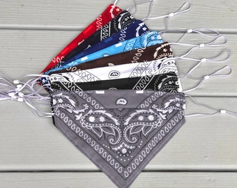 4-Layer Bandana Mask with adjustable ear loops & nose wire, fits 12” to 16” ear to ear, 100% cotton, reversible