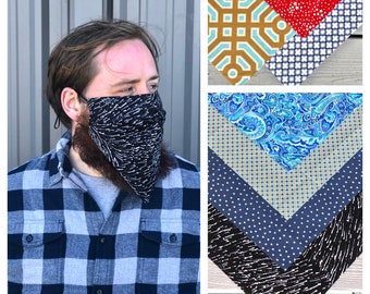 Patterned, 2-layer Bandana Mask with adjustable ear loops & nose wire, fits 12” to 16” ear to ear, 100% cotton, reversible