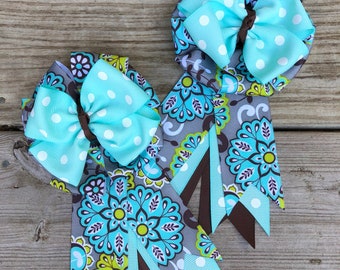 Light Aqua Floral Equestrian Show/Hair Bows